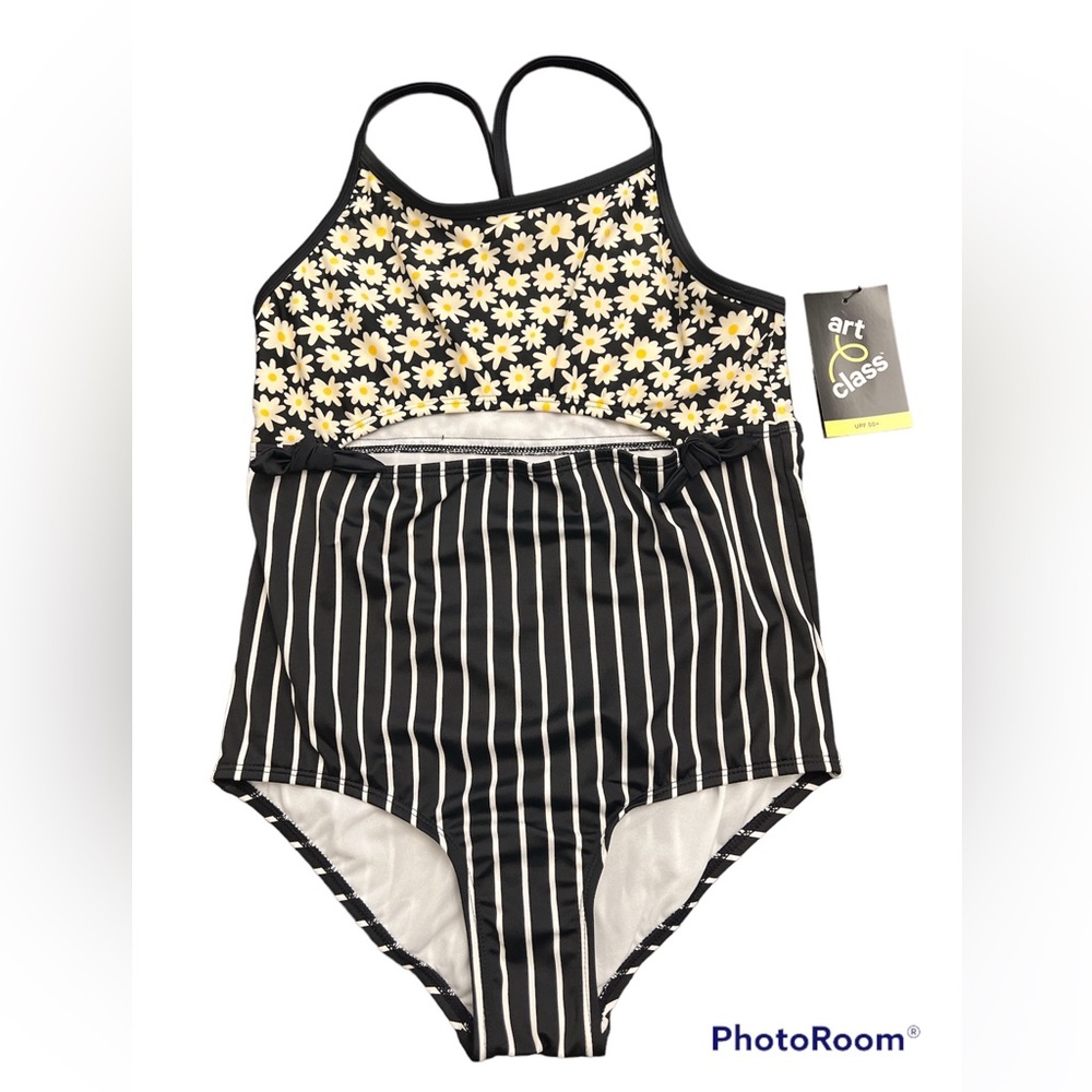 Art Class Daisy & Stripe One-Piece Swimsuit- Kids Size Large (10/12) NWT